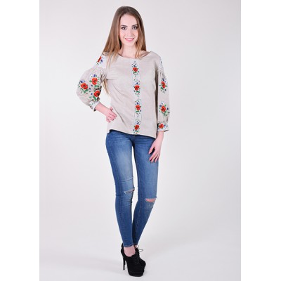 Embroidered blouse "Magnificent Poppies" grey